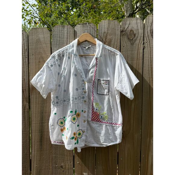 Embroidered Patchwork Floral Camp Shirt – Boho Western Vibe - Picture 4 of 16